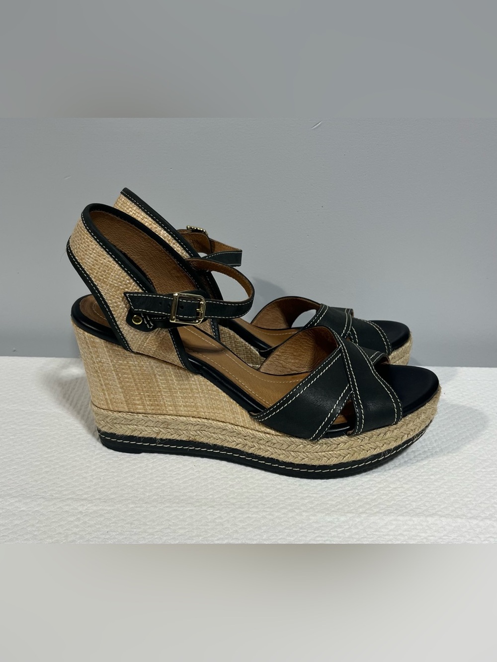 Clark’s Amelia Air Black Leather Espadrille Platform Wedge Sandals Size  9.5M